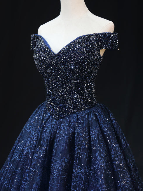Gothic Navy Blue Off-Shoulder Ball Gown Wedding Dress - Sequin Wedding Dress - Strapless Glitter Dress Plus Size